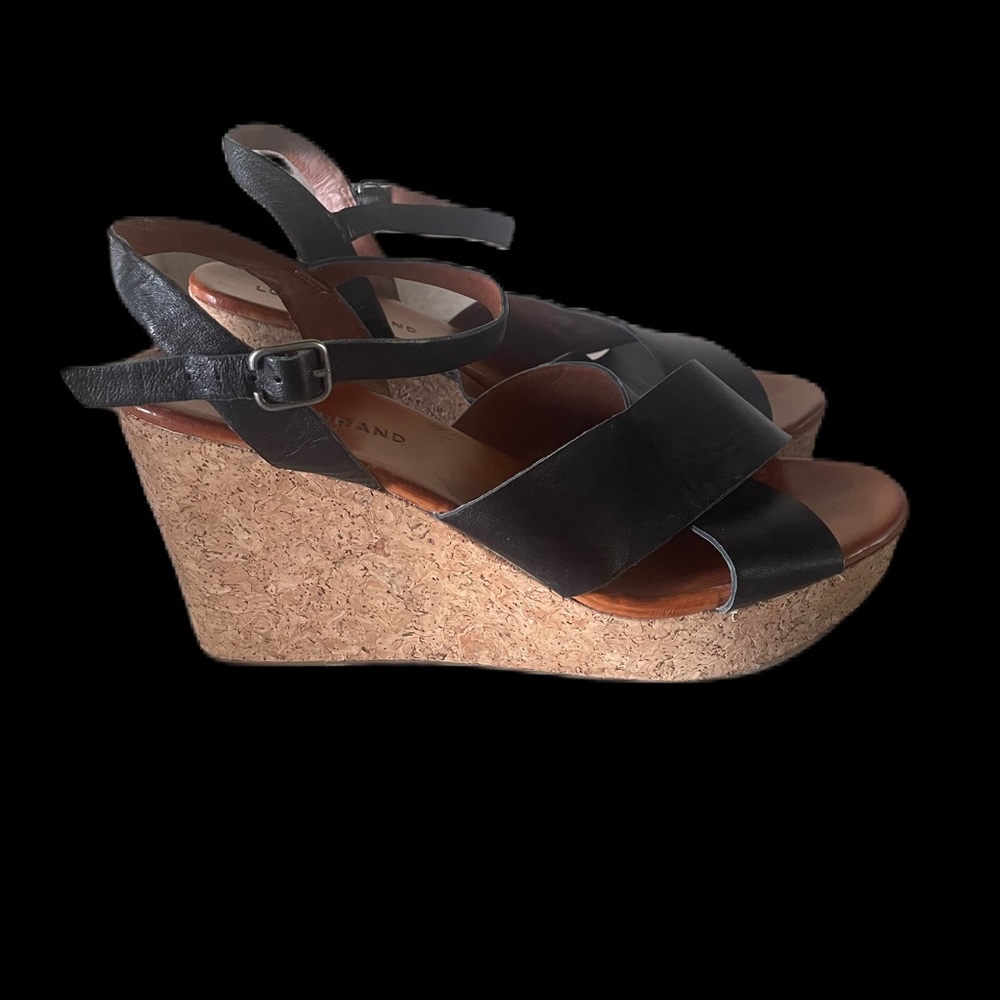 Lucky Brand Black Cross Leather Open Toe Wedge Heel Ankle Strap Sz 10 - Picture 2 of 7